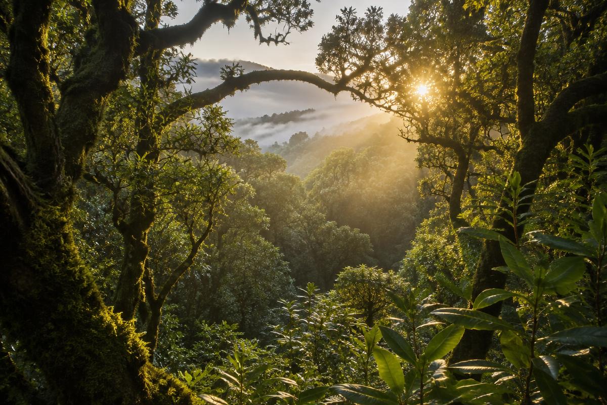 A misty forest canopy at dawn