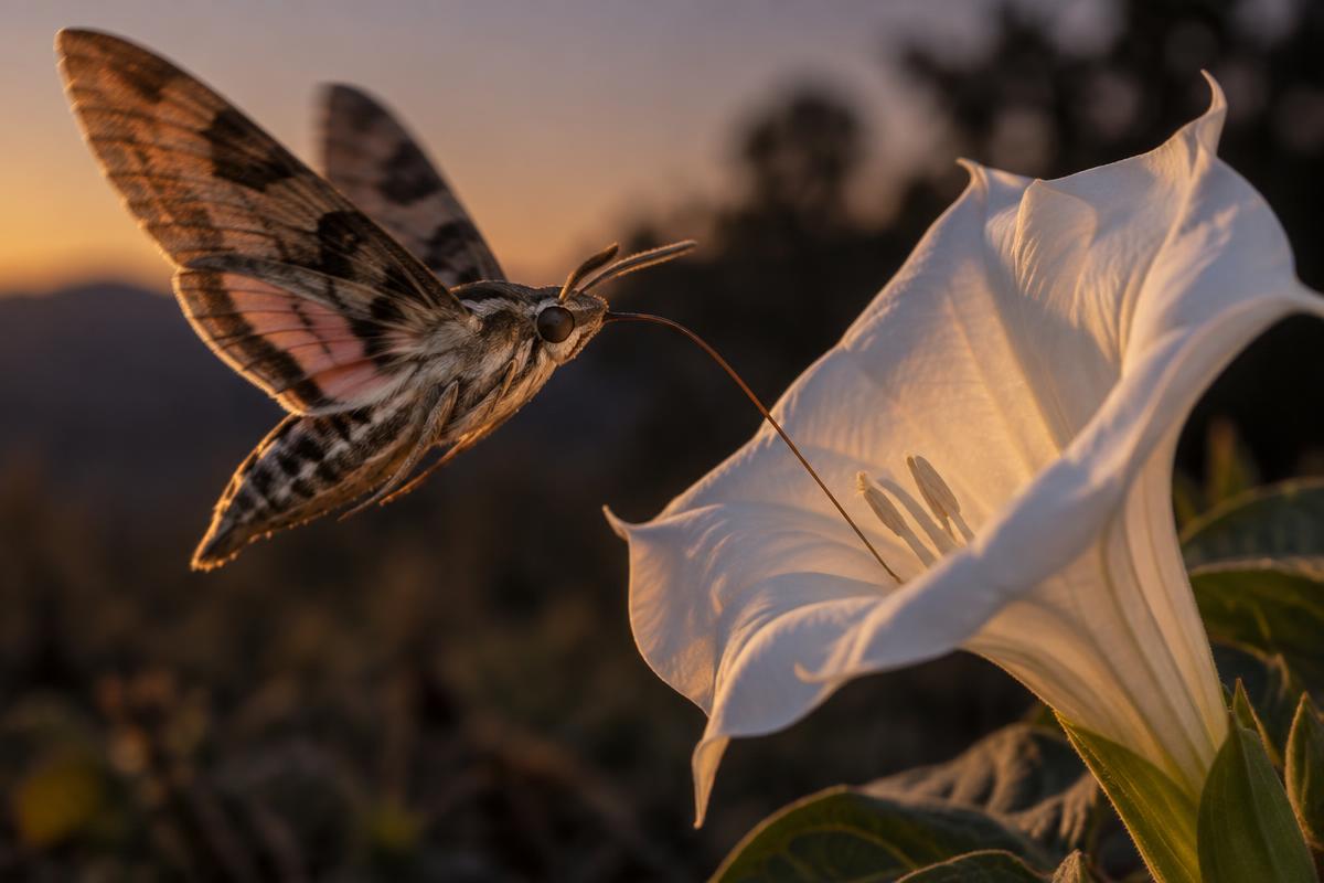 A hawkmoth hovering at a pale moonflower at dusk with its proboscis extended