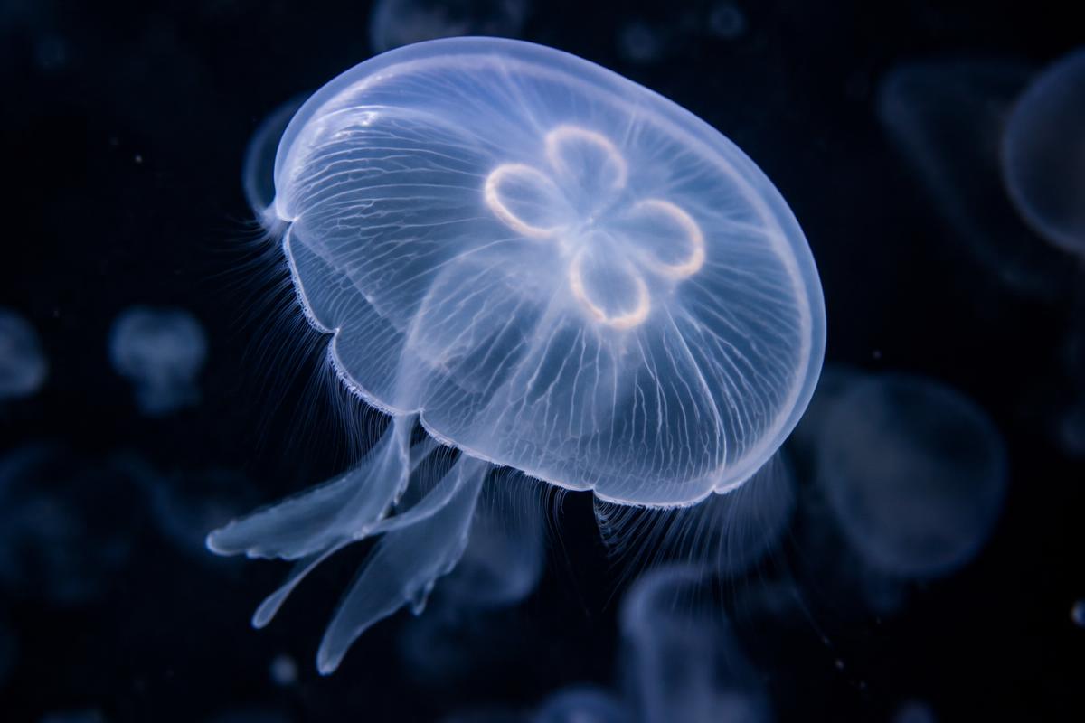 A translucent moon jellyfish glowing faintly against dark water