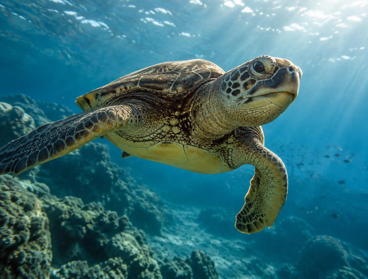 A green sea turtle drifting through shafts of blue sunlight underwater